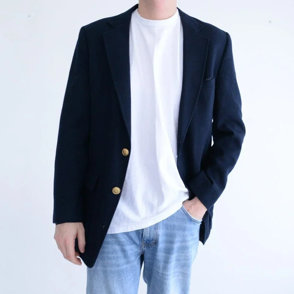 Vintage Hudson's Men's Store Navy Double Gold Button 100% Wool Blazer